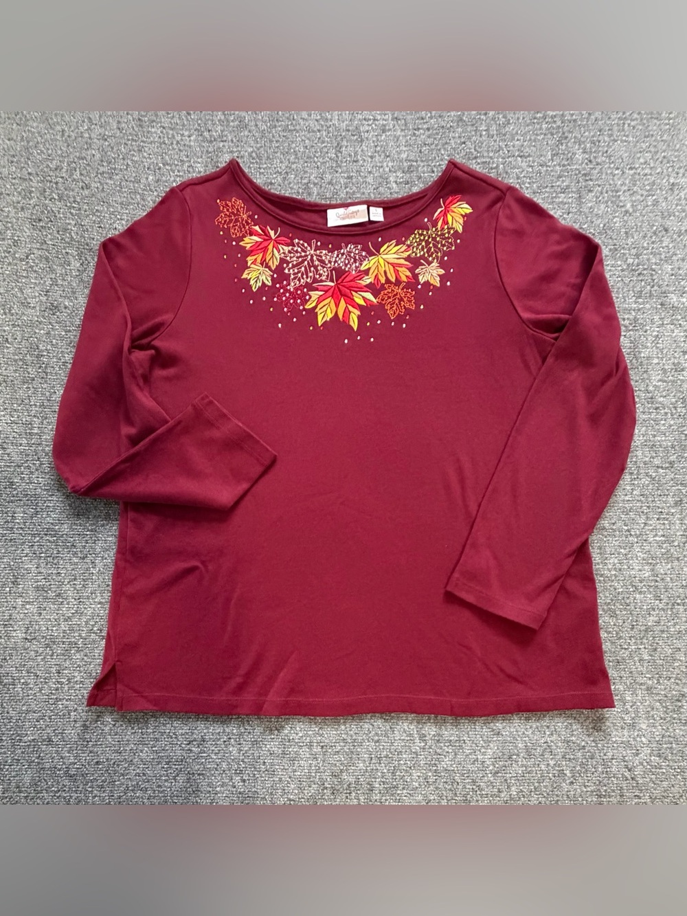 Quacker Factory Burgundy Long-Sleeve Top with Autumn Leaf Embroidery